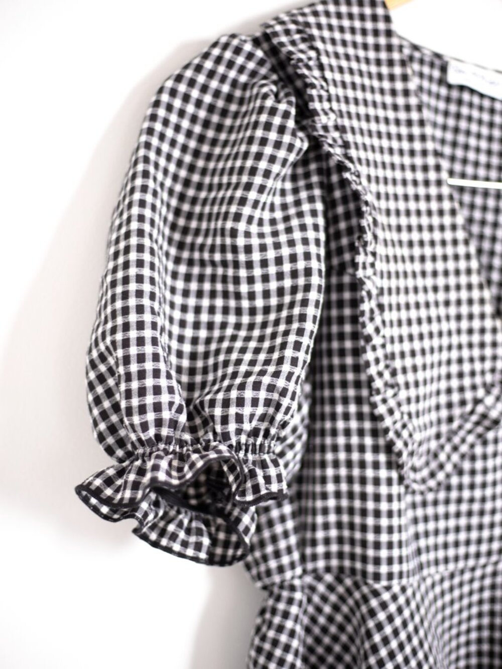Black White Gingham Puff Sleeve Mini Dress | Ruffle Bib Collar | Size 6 - Picture 6 of 12